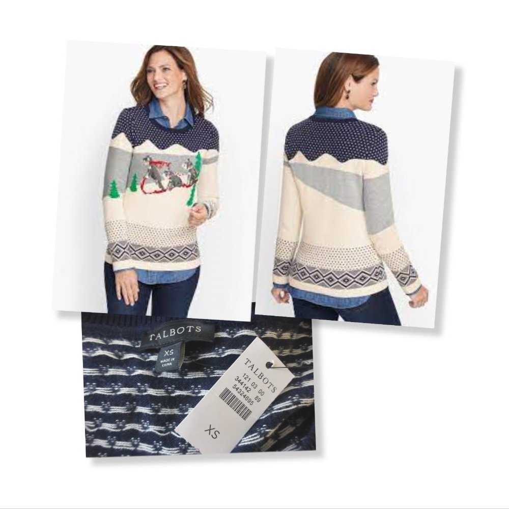 NEW Talbots Sledding Dog Christmas Cashmere Blend Sweater